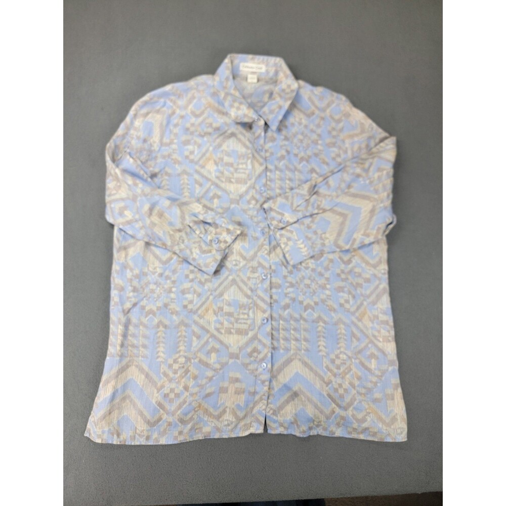 Coldwater Creek Shirt‎ Womens L Blue Beige Geometric Aztec Button Up Linen Top